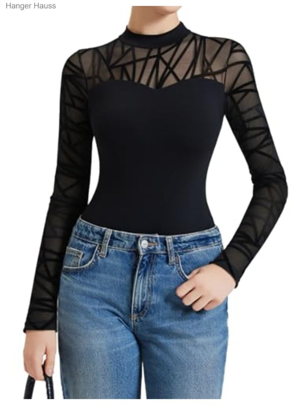 Long Sleeve Mock Neck Sheer Mesh Bodysuit Double Lined Leotard Top